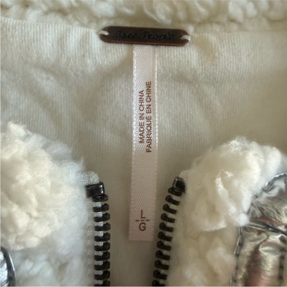 Free People Cream Sherpa Zip Up With Pink Geometric Patterned Shoulders - Picture 3 of 11